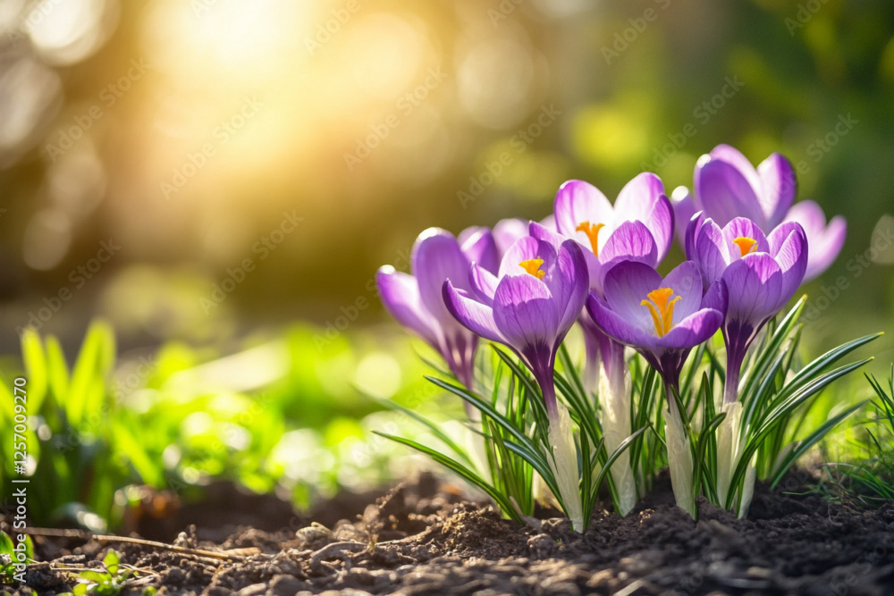 Purple flowers blooming in the grass with the sun shining behind them Purple flowers blooming in the grass with the sun shining behind them