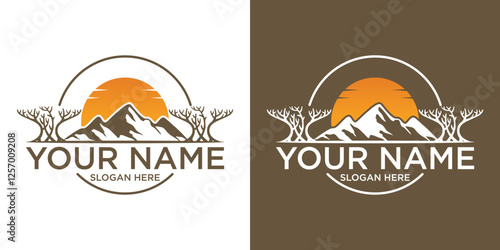 mountain vector logo , badge display , Three mountain peaks with one highest peak. Sunrise.
