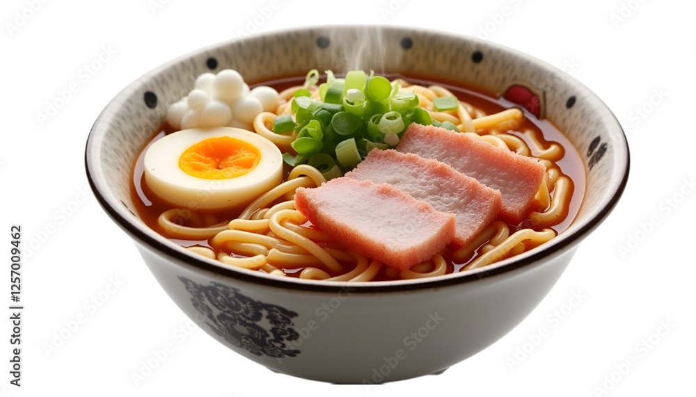 Steaming bowl of authentic ramen featuring pork, egg, and scallions Steaming bowl of authentic ramen featuring pork, egg, and scallions