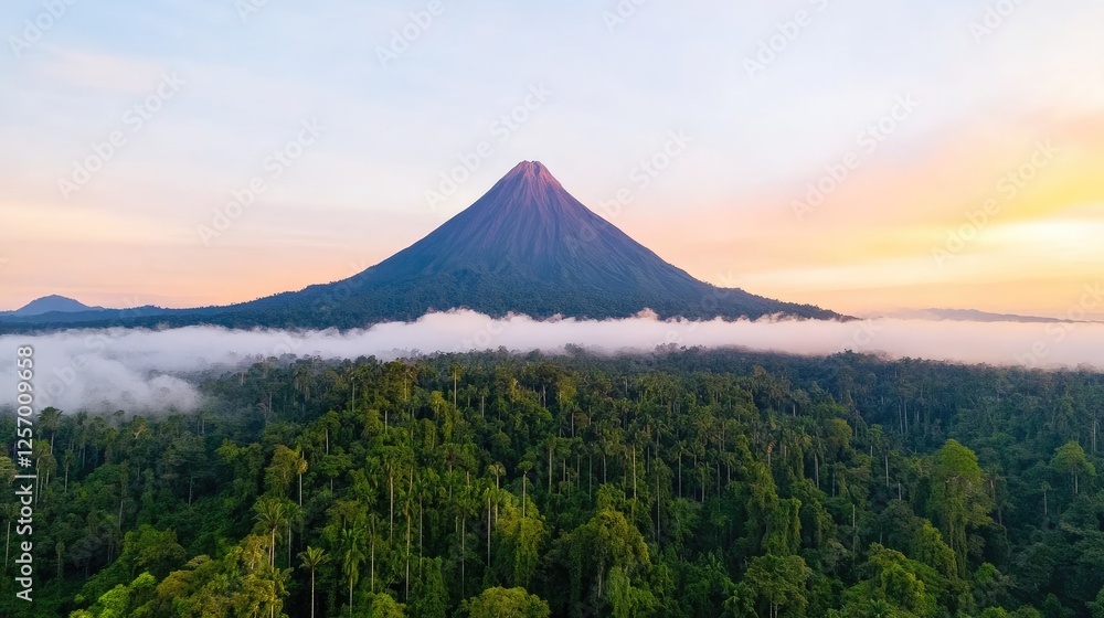 Majestic volcano surrounded by lush green rainforest at sunrise with mist in the valley Majestic volcano surrounded by lush green rainforest at sunrise with mist in the valley