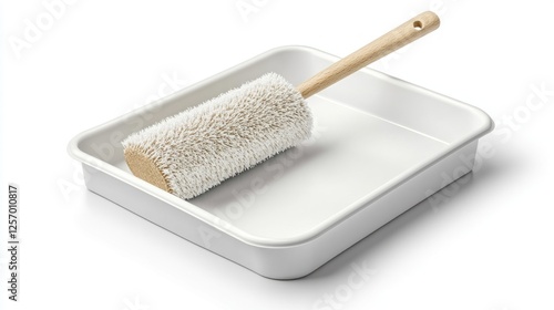 White Cleaning Brush in Tray on White Background photo