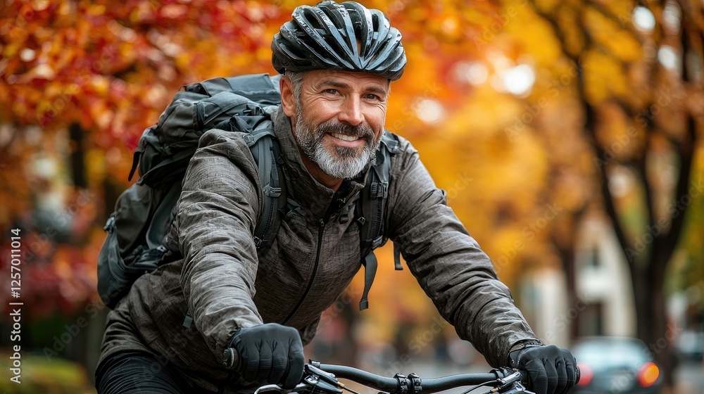 Fototapeta premium Happy Man Cycling Through Autumn Leaves