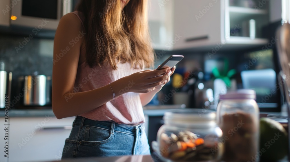 Fototapeta premium Female Student using smartphone to check personal finances