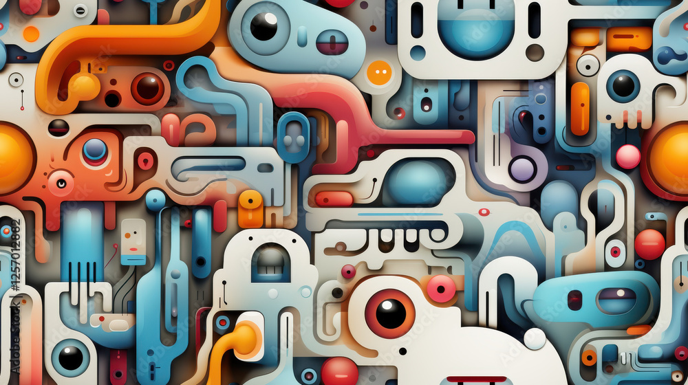 Colorful abstract shapes and patterns create vibrant, modern design. composition features mix of curves and geometric forms, evoking sense of playfulness and creativity Colorful abstract shapes and patterns create vibrant, modern design. composition features mix of curves and geometric forms, evoking sense of playfulness and creativity