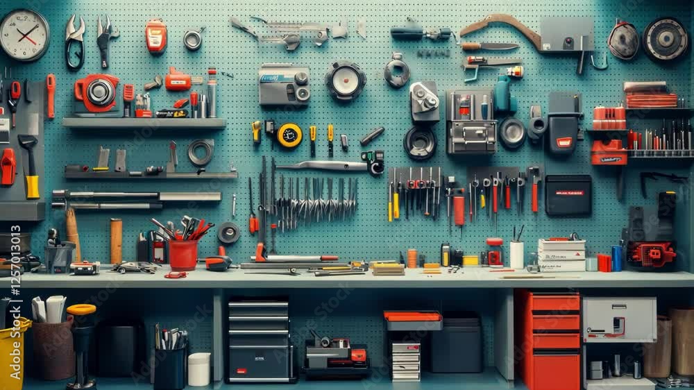 A well-organized workshop showcasing various tools on a pegboard. A well-organized workshop showcasing various tools on a pegboard.