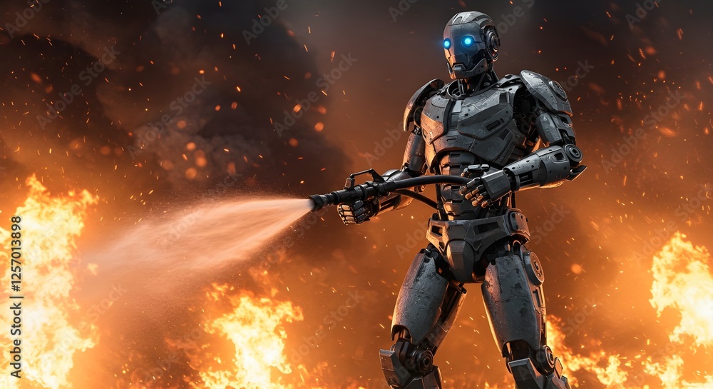 a powerful AI robot fighting a raging fire a powerful AI robot fighting a raging fire