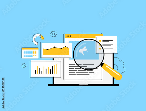 Content marketing dashboard visualizes analytics, performance metrics and engagement data. Tracking content strategy, SEO insights and audience interactions helps optimize content marketing campaigns