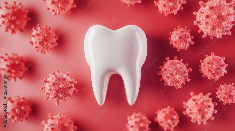 healthy white tooth surrounded by red virus particles symbolizes dental health healthy white tooth surrounded by red virus particles symbolizes dental health