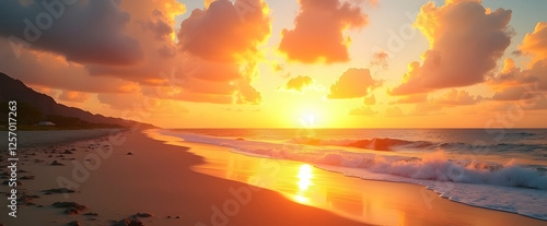 Fiery sunset paints the sky and ocean in breathtaking hues, waves gently caress the sandy shore.