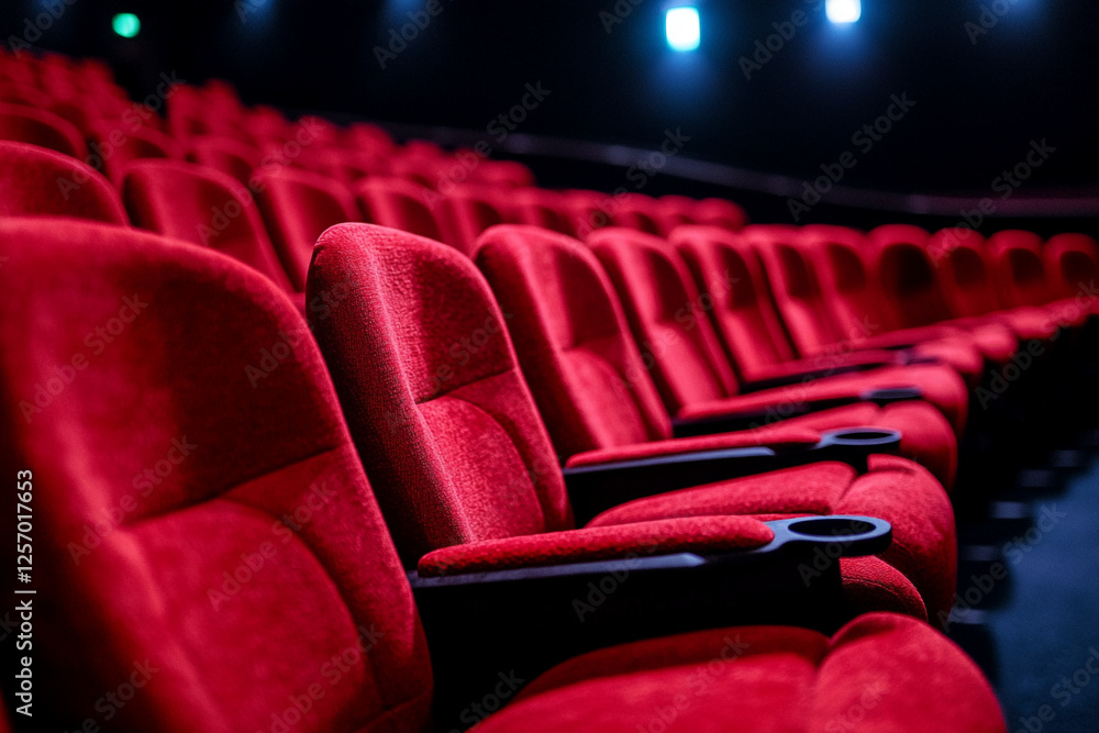 There are many red chairs in a theater with lights on There are many red chairs in a theater with lights on