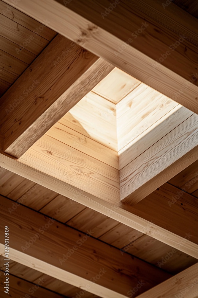 Close-up of a wooden ceiling, showcasing the interior architecture with wooden beams and sunlight streaming through a skylight. Close-up of a wooden ceiling, showcasing the interior architecture with wooden beams and sunlight streaming through a skylight.