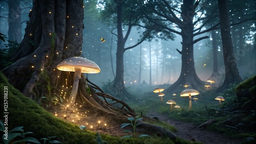 mystical enchanted forest at twilight, glowing bioluminescent mushrooms illuminating the surroundings, magical fireflies floating in the air, ancient trees with twisted roots photo