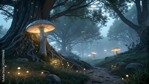 mystical enchanted forest at twilight, glowing bioluminescent mushrooms illuminating the surroundings, magical fireflies floating in the air, ancient trees with twisted roots photo