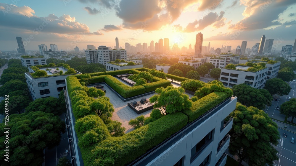 Obraz premium Aerial view of urban skyscrapers with lush green rooftop gardens at sunset 