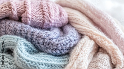 Knitted sweaters, pastel colors, close up, soft textures, fashion details, home styling