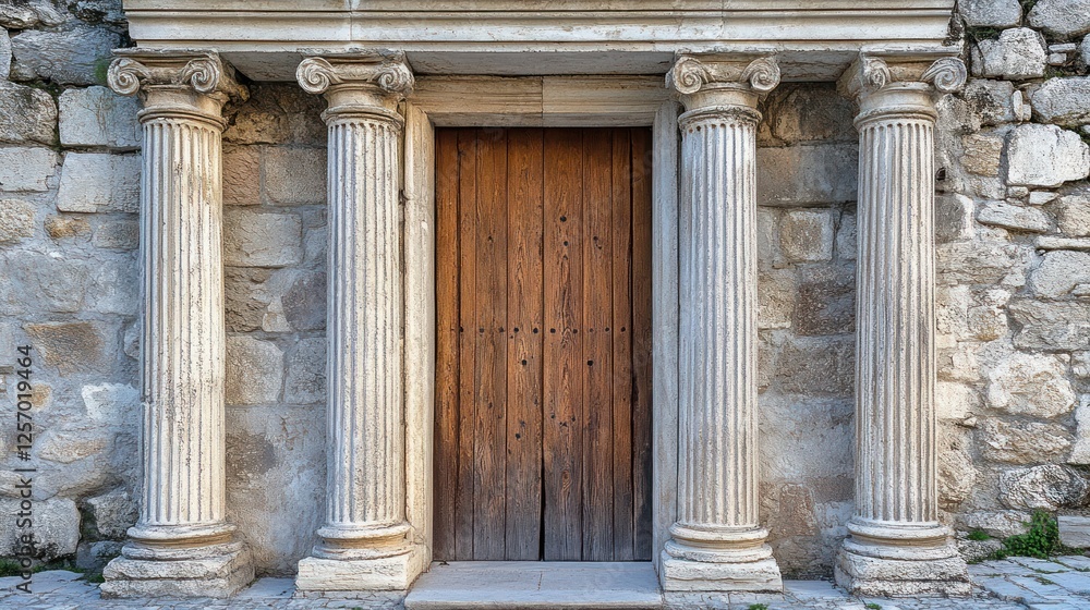 Ancient stone columns frame wooden door, ruin backdrop Ancient stone columns frame wooden door, ruin backdrop