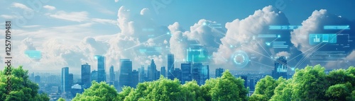 Urban landscape featuring trees and a digital interface overlay in a modern city environment