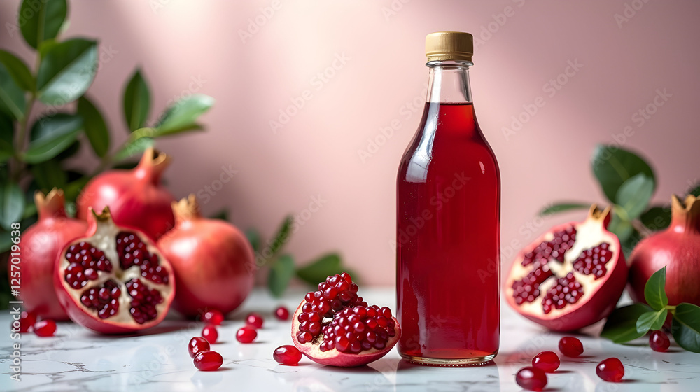 A bottle of vibrant pomegranate juice, surrounded by juicy, ripe pomegranates and seeds. A healthy and refreshing treat! A bottle of vibrant pomegranate juice, surrounded by juicy, ripe pomegranates and seeds. A healthy and refreshing treat!