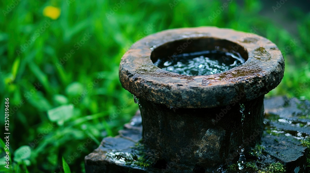 Tranquil Stone Water Feature in Lush Garden Tranquil Stone Water Feature in Lush Garden