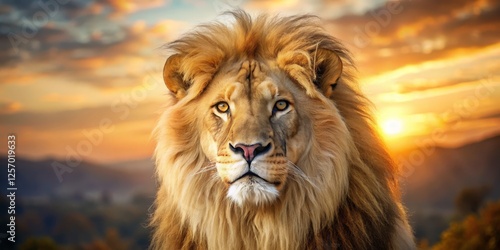 Majestic Lion Gazing into Sunset with Dramatic Sky Background