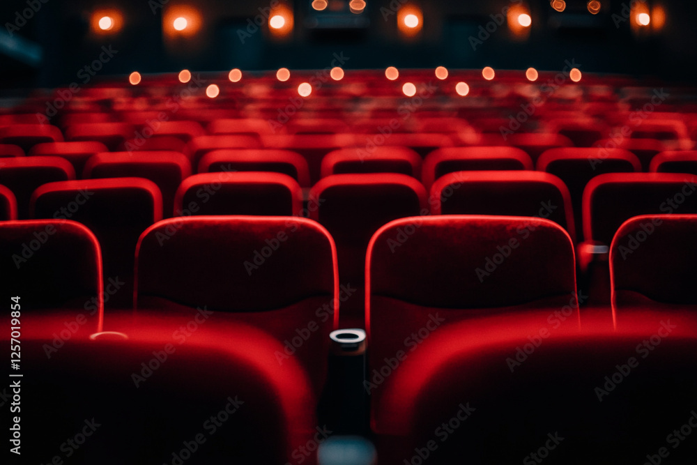 Obraz premium Rows of red seats in a theater with a black background