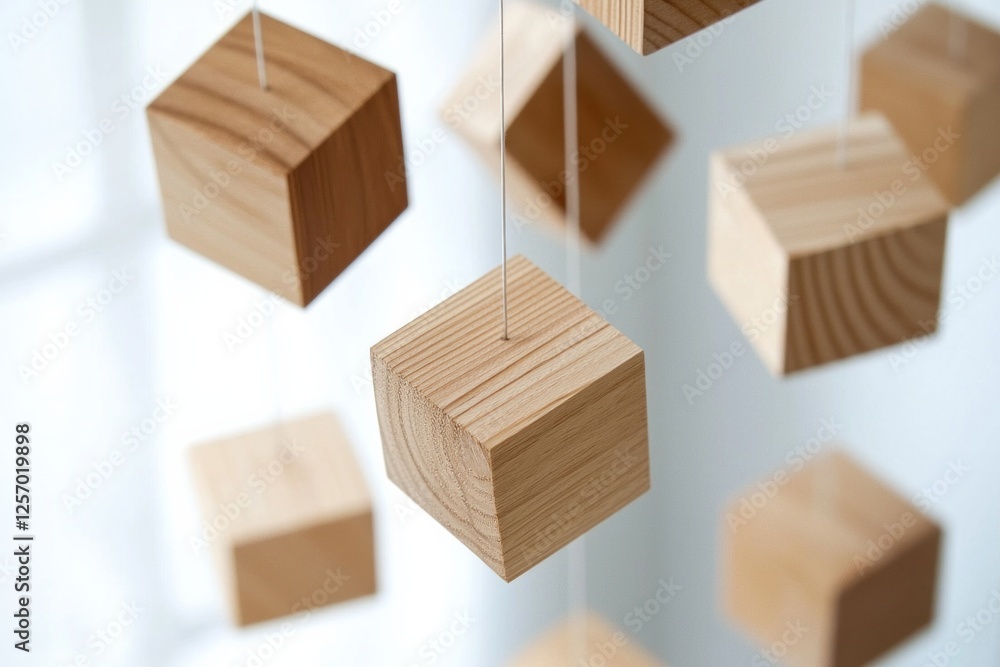 Close-up of several wooden blocks in geometrical shapes suspended in the air, white background, minimalistic, clean lines, natural lighting Close-up of several wooden blocks in geometrical shapes suspended in the air, white background, minimalistic, clean lines, natural lighting