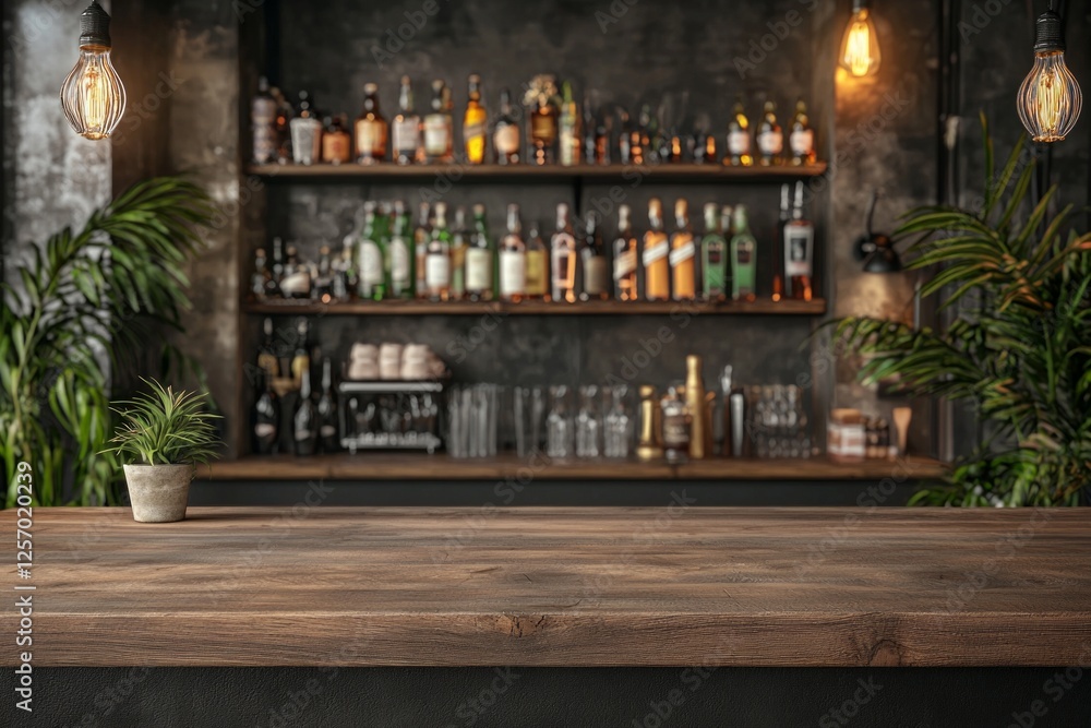 Empty wooden table top with a blurred store background for product display, no people or products on the counter, a bar interior in dark gray and brown tones, Empty wooden table top with a blurred store background for product display, no people or products on the counter, a bar interior in dark gray and brown tones,