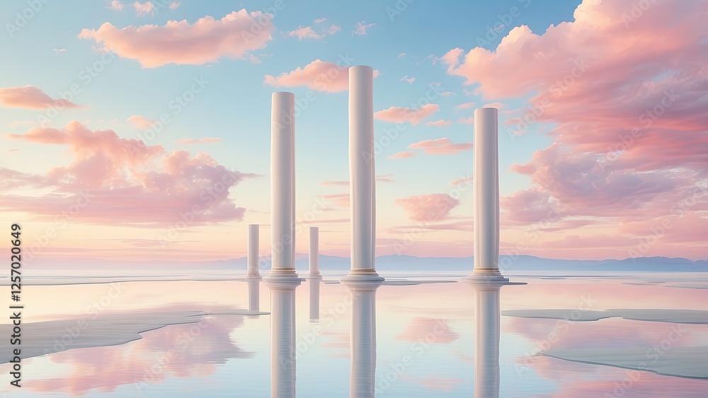 1. **3-Level White Cylindrical Podium for Product Display Against a Sky Blue and Cloud Background.** 1. **3-Level White Cylindrical Podium for Product Display Against a Sky Blue and Cloud Background.**