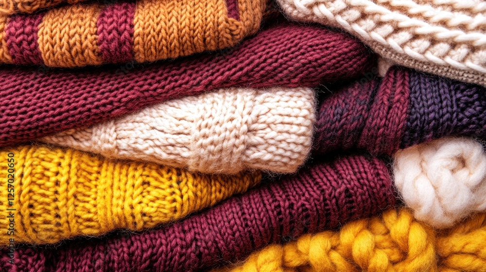 Stack of colorful knitted sweaters, close-up view. Possible use clothing catalog, fashion magazine Stack of colorful knitted sweaters, close-up view. Possible use clothing catalog, fashion magazine