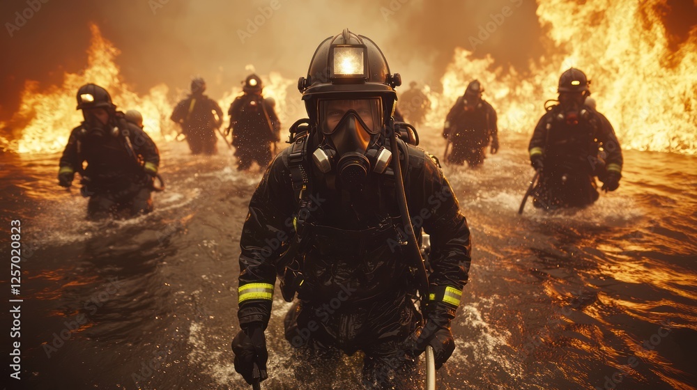 Fototapeta premium Firefighters wade through water amidst flames, showcasing bravery and teamwork in a dangerous environment.