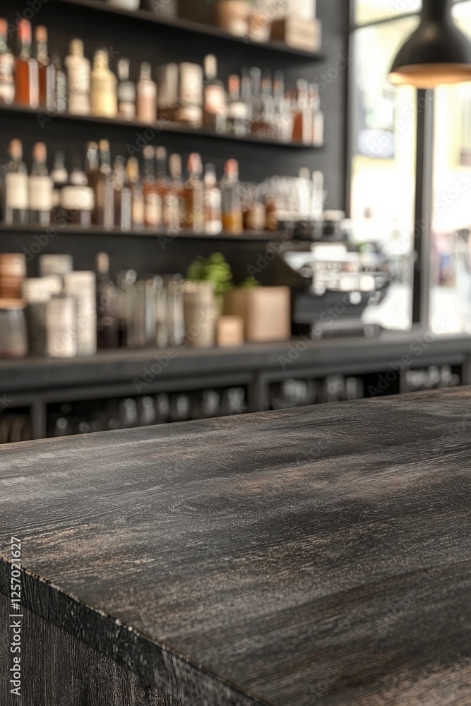 Empty wooden table top with a blurred store background for product display, no people or products on the counter, a bar interior in dark gray and brown tones, Empty wooden table top with a blurred store background for product display, no people or products on the counter, a bar interior in dark gray and brown tones,