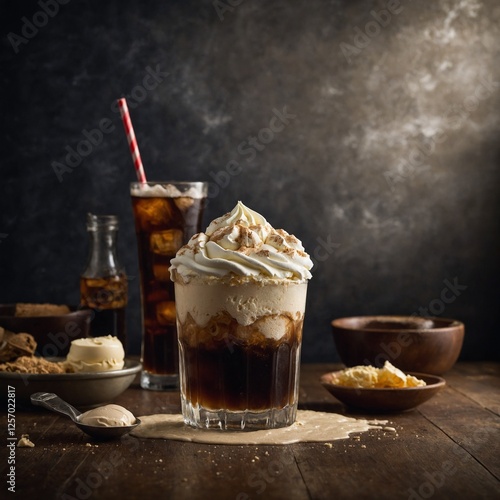 A classic root beer float with vanilla ice cream.