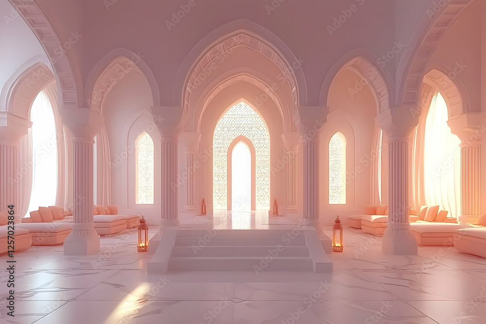 Obraz premium Serene pink palace interior, sunlit arches, marble floor, calm background