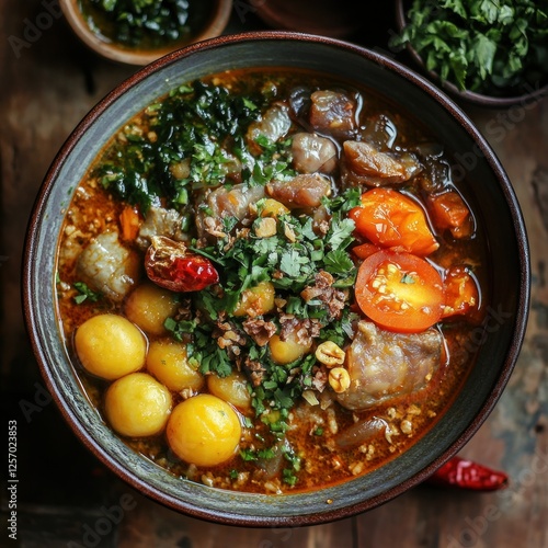 Hearty Asian soup bowl on rustic table, garnished with herbs and vegetables photo