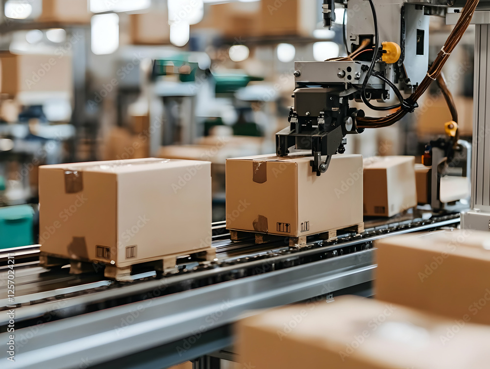 Robotic arm packaging boxes on conveyor belt in factory Robotic arm packaging boxes on conveyor belt in factory