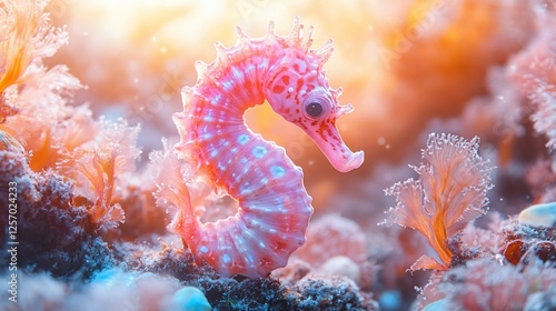 Colorful seahorse swimming among vibrant coral in a serene underwater environment photo