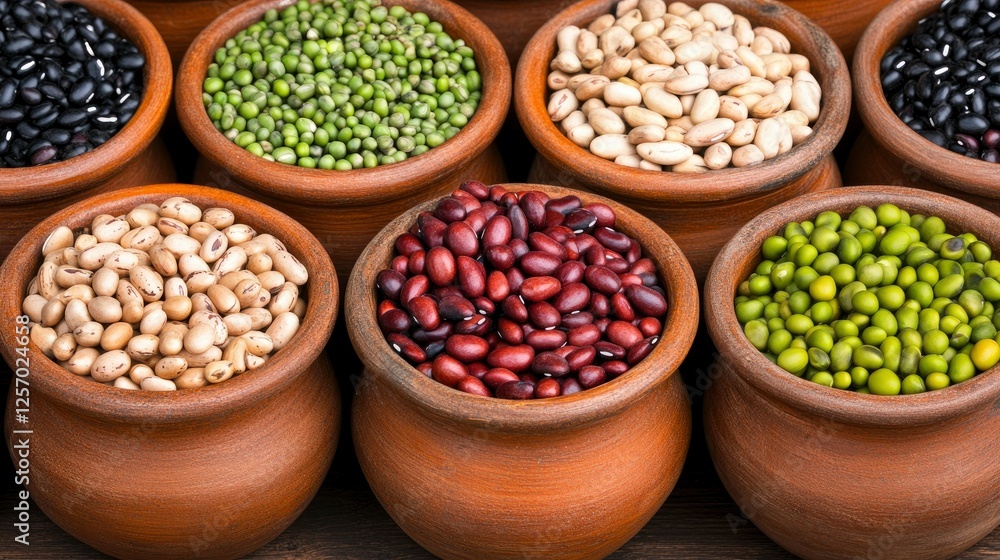 Fototapeta premium Assorted Dried Beans in Earthenware Pots