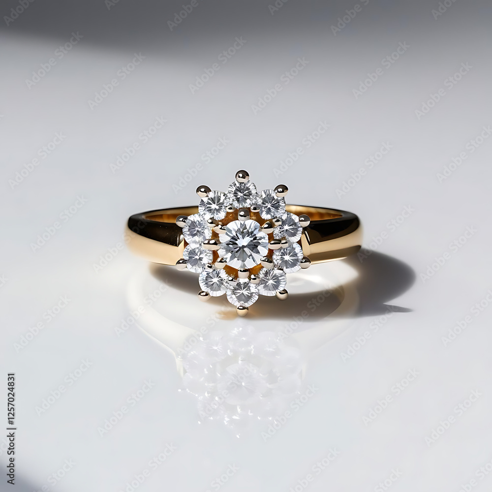 A luxurious gold ring featuring a diamond cluster, set on a clean white surface, with professional lighting, a macro shot A luxurious gold ring featuring a diamond cluster, set on a clean white surface, with professional lighting, a macro shot