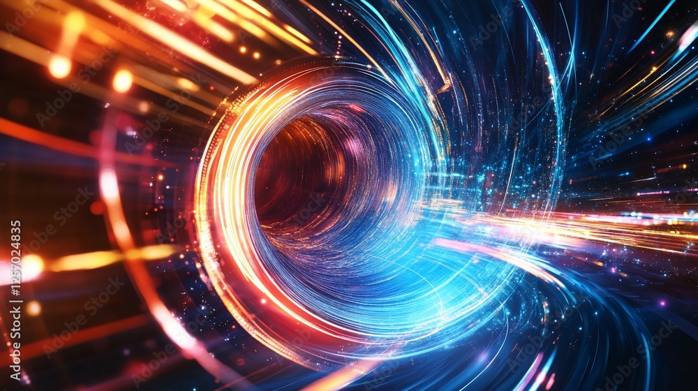 Obraz premium Abstract speed tunnel effect with glowing particles and lines of light motion