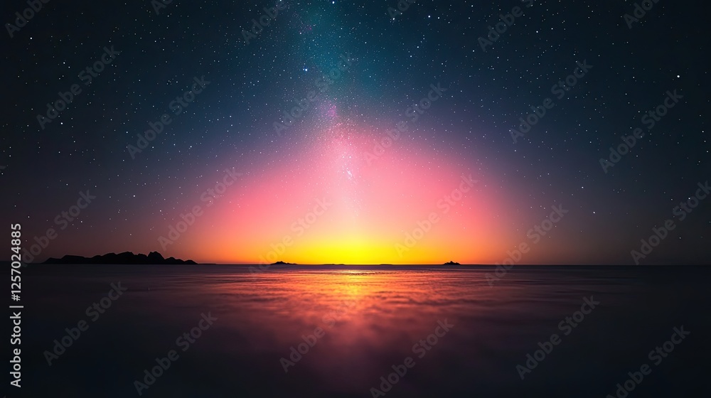Serene twilight over calm ocean waters with a stunning starry sky and distant islands