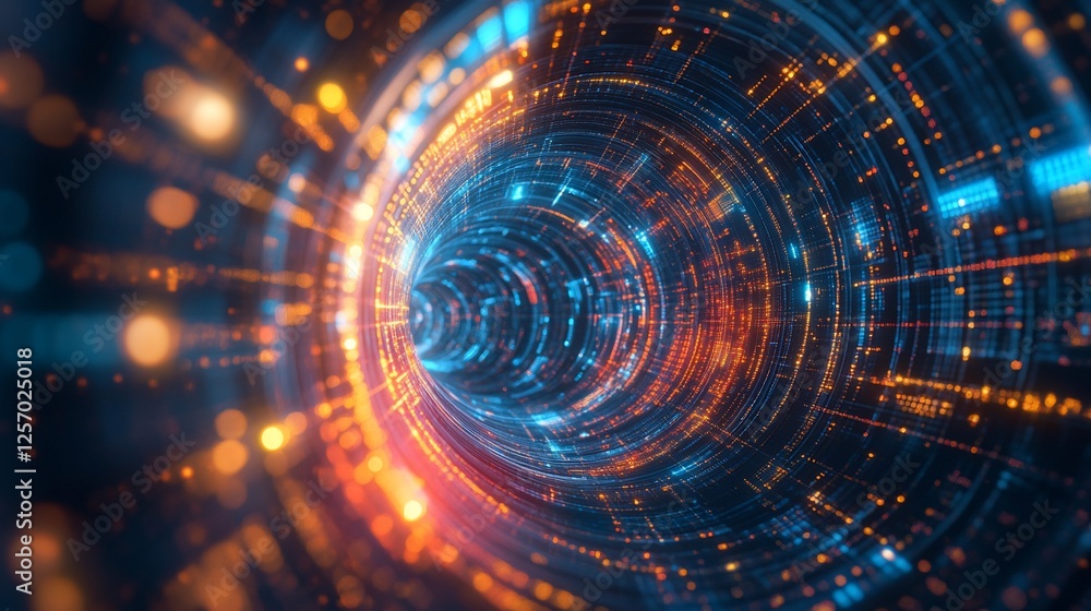 Abstract digital tunnel with glowing orange and blue particles flowing through space Abstract digital tunnel with glowing orange and blue particles flowing through space
