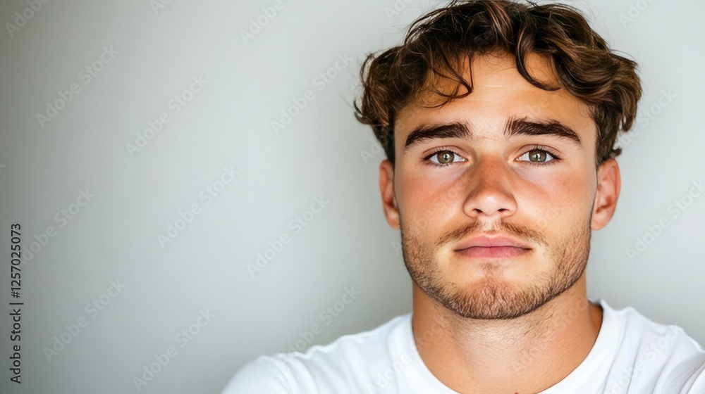 Naklejka premium Portrait of a Young Man with Wavy Brown Hair, Serious Expression