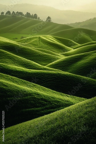 Green hills, grassy field, soft lighting, minimalism