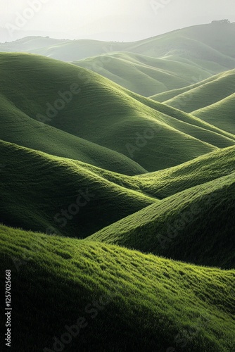 Green hills, grassy field, soft lighting, minimalism
