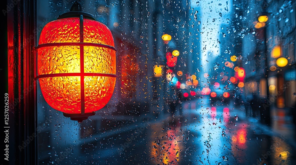 Fototapeta premium Rainy Night Cityscape with Illuminated Red Lantern