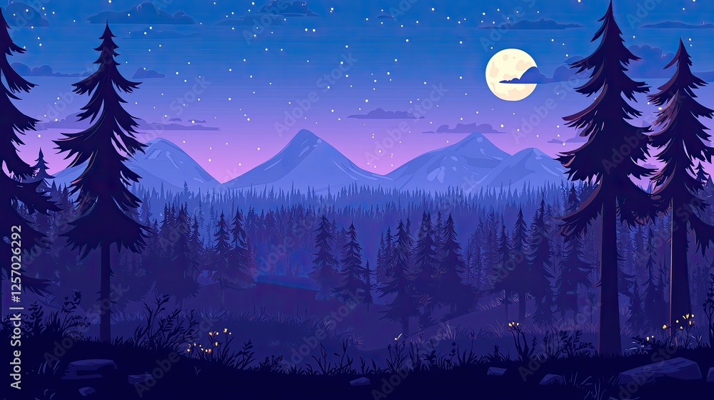 Fototapeta premium Serene night landscape with mountains, pine trees, and a full moon illuminating the sky