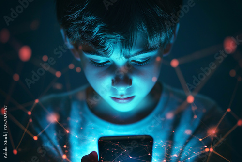 A young boy in a dark room, her face lit by the light from her phone. Screen time and Internet danger. The risks of cyber danger and the impact of social media platforms on kids and teenagers