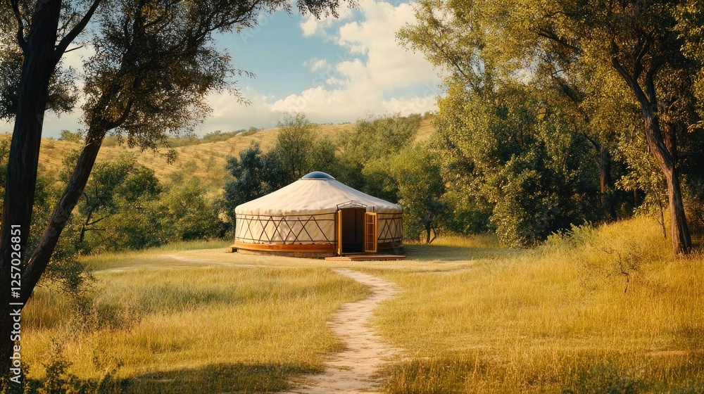 Yurt nestled in a serene, grassy meadow, surrounded by lush trees under a partly cloudy sky. Yurt nestled in a serene, grassy meadow, surrounded by lush trees under a partly cloudy sky.