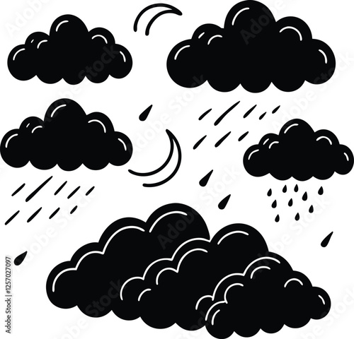 Dark Clouds, Rain, Night, Moon, Weather, Silhouette, Simple, Illustration, Graphic, Design
