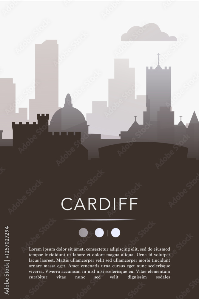 Fototapeta premium Cardiff Uk city template for website, presentation, front page, invitation, publication sheet with skyline, landmarks. Vector Wales, United Kingdom image layout, simple and grayscale